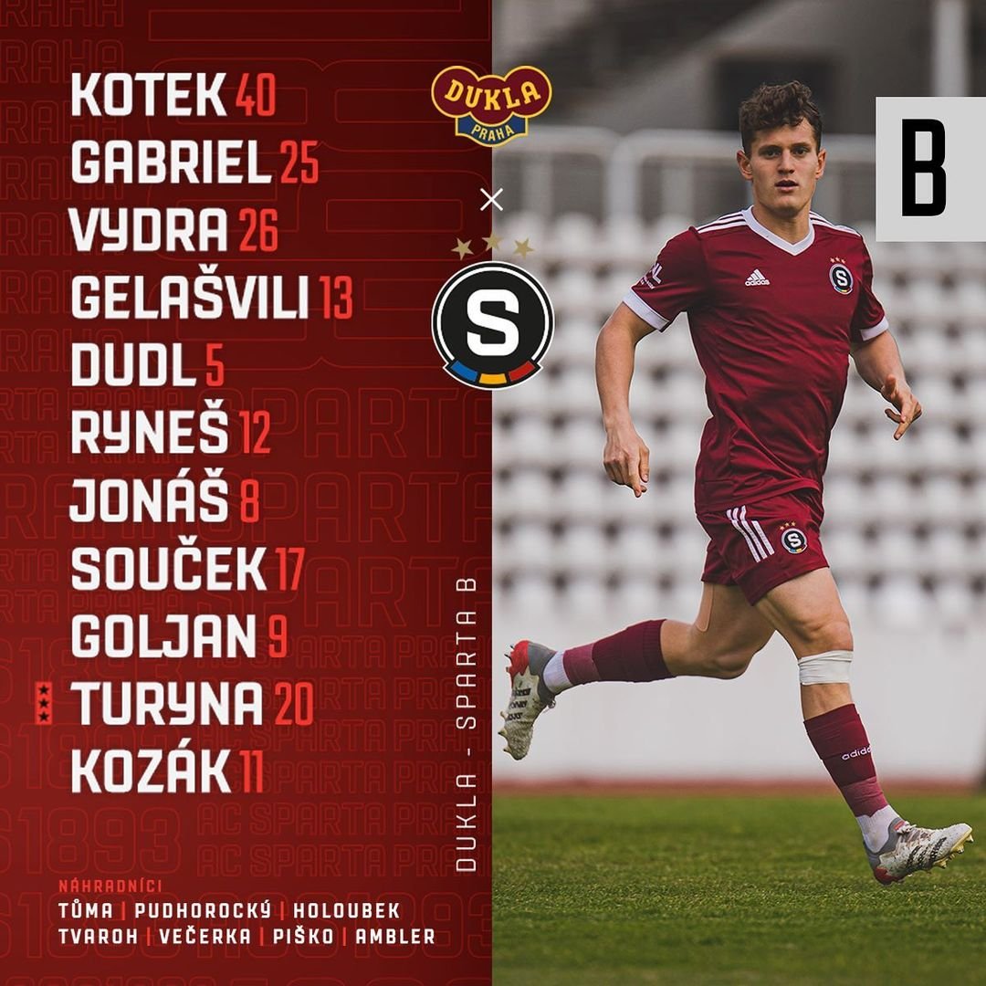 ?️ SESTAVA | Béčko dnes na Julisce nastoupí proti @fkduklapraha takto:

? Kotek - Gabriel, Vydra, Gelašvili, Dudl - Ryneš, Jonáš, Souček, Goljan - Turyna(C), Kozák.

#acspartaB